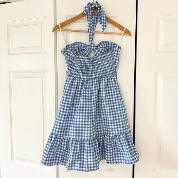 NWOT SHEIN Blue Gingham Halter Mini Dress Bow Front Fit & Flare Size S - Picture 4 of 6